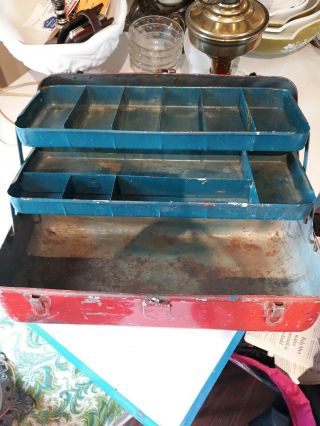 Old Red Metal Tool Box / Tackle Box Vintage Chippy paint,  Decor,  All metal 2