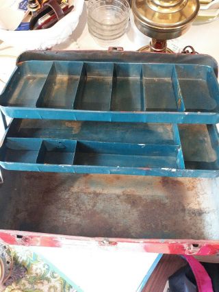 Old Red Metal Tool Box / Tackle Box Vintage Chippy paint,  Decor,  All metal 3