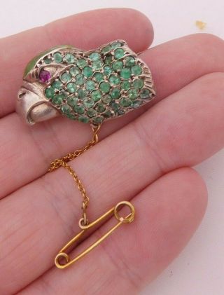 Silver Rare Victorian Emerald & Ruby Eyed Parrot Head Brooch,  925