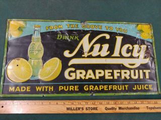 Large 1900s Vintage Nu Icy Grapefruit Embossed Tin Litho Robertson Sign - 12x23