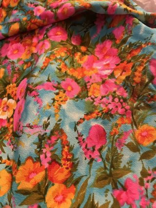 Vintage Floral Bark Cloth Fabric Hot Pink Blues Orange 80” X 88”