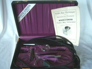 Antique Medical White & Cross Violet Ray Generator W/ Case And Glass Wands