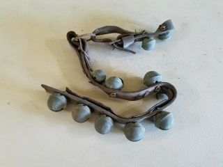 Early Primitive Brass Sleigh Bells On Old Leather Strip