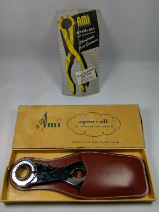 Vintage Ami Open - All And Champagne Cork Extractor W/ Box & Leather Sheath