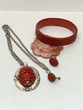 Rare Antique Chinese Carved Red Cinnabar Necklace,  Earrings,  And Bracelet Set