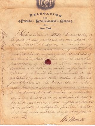 Cuba 1895 Rare Document Jose Marti Signed Partido Revolucionario Cubano York