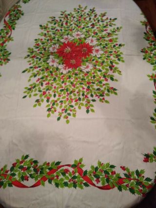 Vintage Print Tablecloth Christmas Holiday Theme Poinsettias And Holly