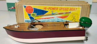 Vintage 1950s Gw Japan Hi - Power Speed Boat Battery Operated Outboard Toy Boat