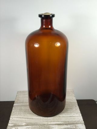 Large Antique Amber Brown Glass Apothecary Bottle W/ Daisy Plug