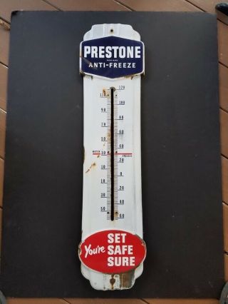 Vintage Old Prestone Anti - Freeze Gas Oil 36 " Porcelain Metal Thermometer Sign