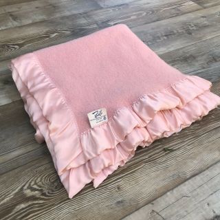 Vintage Faribo Faribault Baby Toddler Lap Throw Blanket Pink Wool Satin Trim Usa