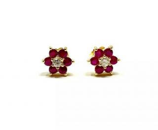 Vintage Bh Effy 14k Yellow Gold Natural Ruby & Diamond Flower Earrings