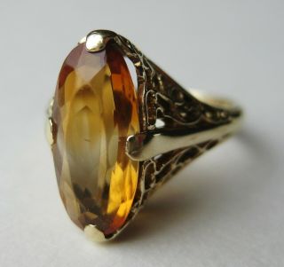 Vintage 14k Yellow Gold Filigree Art Deco 2.  5ct Citrine Gemstone Ring