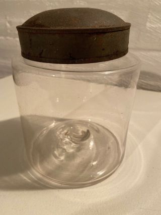 VERY RARE EARLY 1800s WAVY GLASS HAND BLOWN PONTIL APOTHECARY DRUG JAR TIN LID 2