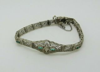 Antique Art Deco 10k White Gold Diamond And Green Emerald Filigree Bracelet 1920