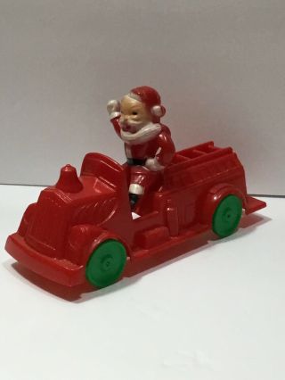 Vintage Christmas Rosbro Rosen Hard Plastic Santa Claus On Fire Truck On Wheels
