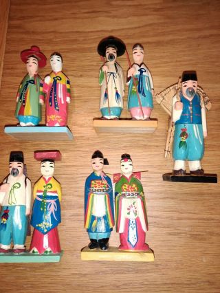 Antique Vtg Japanese Asian Wooden Figures Hand Painted 5 Total