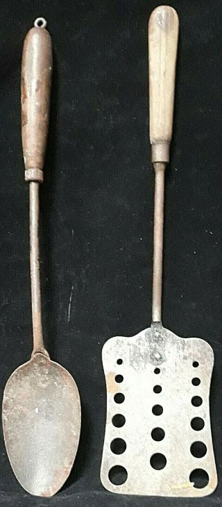 Antique Vintage Primitive Wooden Handle Slotted Spatula Flipper Turner & Spoon