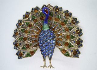 Large Antique Art Deco Solid Silver Enamel Sparkly Paste Peacock Brooch