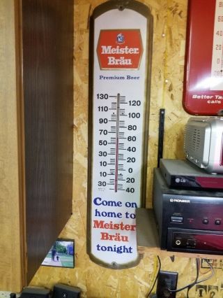 Tin Meister Brau Advertising Thermometer.  38 " X 8 " Great Colors
