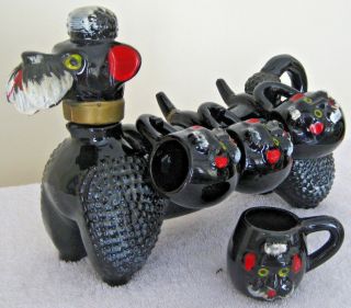 Vintage 1950s Ceramic Poodle Decanter Bottle W/ 4 Puppy Cups Black Made In Japan