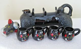 Vintage 1950s Ceramic Poodle Decanter Bottle w/ 4 Puppy Cups Black Made in Japan 2