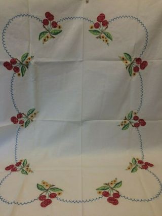 Vintage Hand Embroidered Linen Tablecloth Red Cherries & Blue Scallops 34 " X 43 "