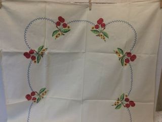 vintage Hand embroidered linen tablecloth Red Cherries & Blue Scallops 34 