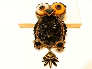 Lawrence Vrba Stunning Vintage 6.  5 In.  Black Amber Owl Pin Brooch