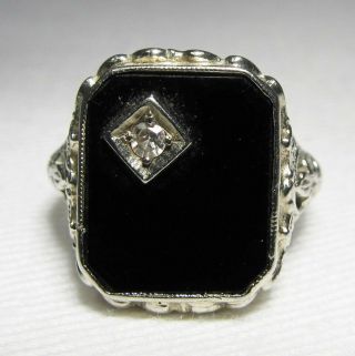 Antique Art Deco 18k White Gold Diamond Onyx Ladies Ring Size 3 Be402