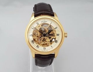 Mens Rotary Vintage Skeleton Automatic Watch Gs02519/09 Brown Leather Strap