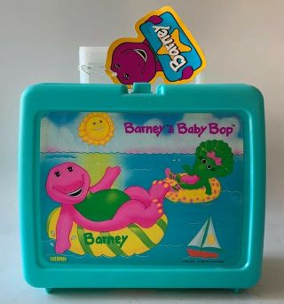 Vintage 1993 Barney & Baby Bop Teal Lunchbox With Thermos -