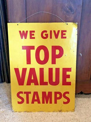 Vintage We Give Top Value Stamps Sign Yellow Steel 2 Sided Display Ca.  1940 