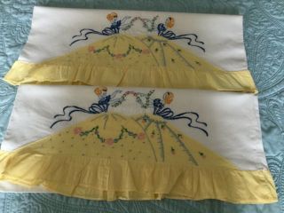 Vintage Pair Hand Embroidered Pillow Cases Southern Belles,  Sunny Yellow 1940