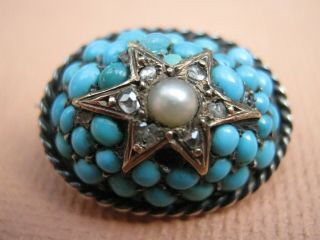 Antique Early Victorian Pave Set Turquoise,  Diamond And Pearl Brooch