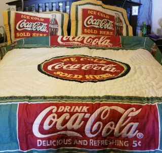 Vintage Coke Coca Cola Quilt Bedspread Blanket With 2 Matching Pillow Shams.