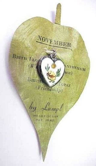 Lampl Sterling Enamel November Birthstone Heart Charm Orig Card 1940s Puffy 