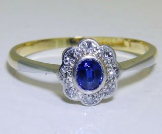 Art Deco 18ct Yellow Gold Platinum Sapphire Diamond Cluster Ring 18 Carat M 1/2