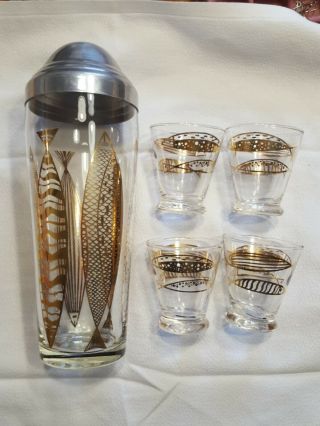 Vtg Mid - Century Fred Press Mcm Fish Cocktail Shaker,  4 Glasses Barware Bar