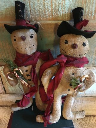 Primitive Snowman Ornament Pair Dolls Candy Canes Christmas