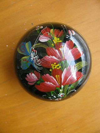 Vintage Russian Hand Painted Floral Butterfly Domed Lacquer Box