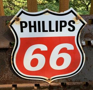 Vintage Phillips 66 Gasoline Porcelain Gas Motor Service Station Pump Plate Sign