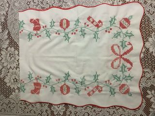 Vintage Christmas Table Dresser Scarf Hand Embroidered Red Green Gold On White
