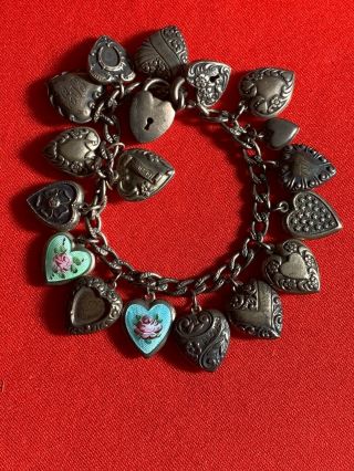 Antique Victorian Sterling Silver 18 Puffy Heart Charm Bracelet With 2 Enameled