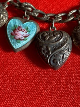 Antique Victorian Sterling Silver 18 Puffy Heart Charm Bracelet With 2 Enameled 2