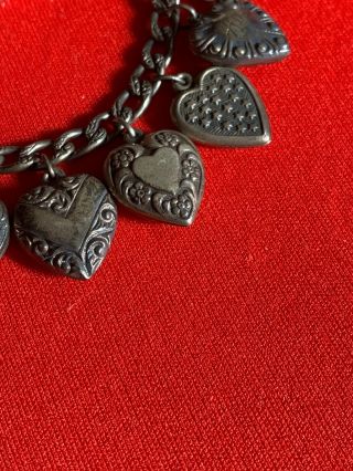 Antique Victorian Sterling Silver 18 Puffy Heart Charm Bracelet With 2 Enameled 3