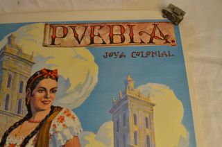 VINTAGE FLOREZ 1950 ' s MEXICO TRAVEL POSTER TOURIST PUEBLA LADY DRESS 3