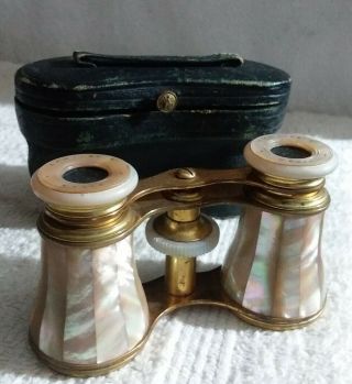 Antique Lemaire Fi Paris Mother Of Pearl Opera Glasses Binoculars Leather Case