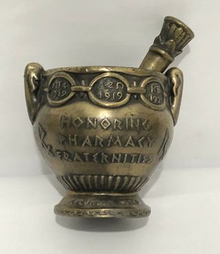 Vintage Brass 1919 Coricidin Mortar Pestle Honoring Pharmacy Fraternities (bb1)