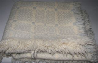 Vintage 100 Wool Fringe Blanket Light Blue And Beige 56 " X 37 " Thick & Warm